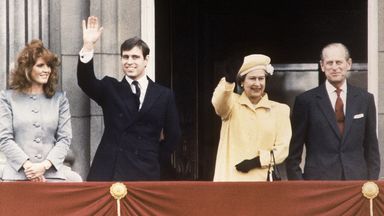 On the balcony of Buckingham Palace, London on April 21, 1986, Queen Elizabeth II and her husband Prince Philip (right) are joined by one of  their sons Prince Andrew and his fianc?e Sarah Fergusson on the occasion of the Queen's 60th birthday celebration. (AP Photo/Peter Kemp)